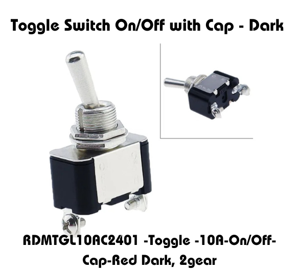 Toggle Switch On/Off with Cap - Dark, model RDMTGL10AC2401, 10A, 2-gear, shown in two views